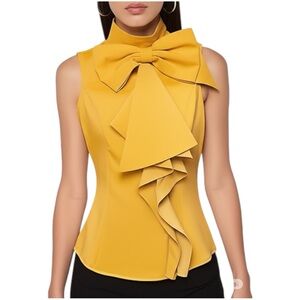 Gracia Big Bow Ruffle Mustard Yellow Sleeveless Top Size Small